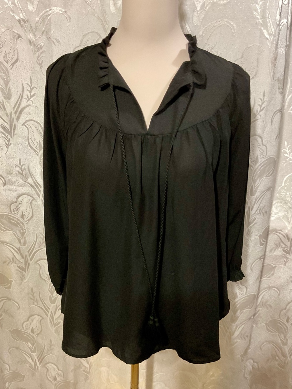 My Michelle Boho Ruffle Tie Front Peasant Blouse Black M